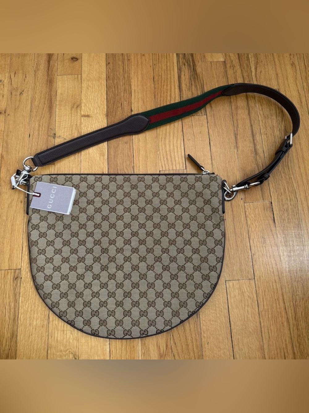 Gucci B Medium Monogram Half Moon Crossbody with Green-Red Strap